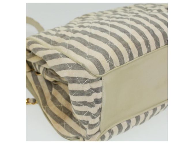 CHANEL Striped Matelasse Chain Umhängetasche Canvas Weiß Grau CC Auth bs3642 Braun - Ansicht 14