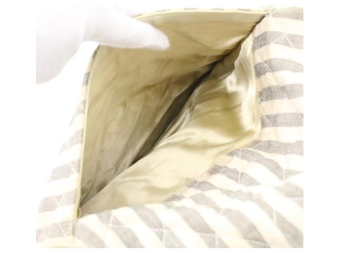 CHANEL Striped Matelasse Chain Umhängetasche Canvas Weiß Grau CC Auth bs3642 Braun - Ansicht 15