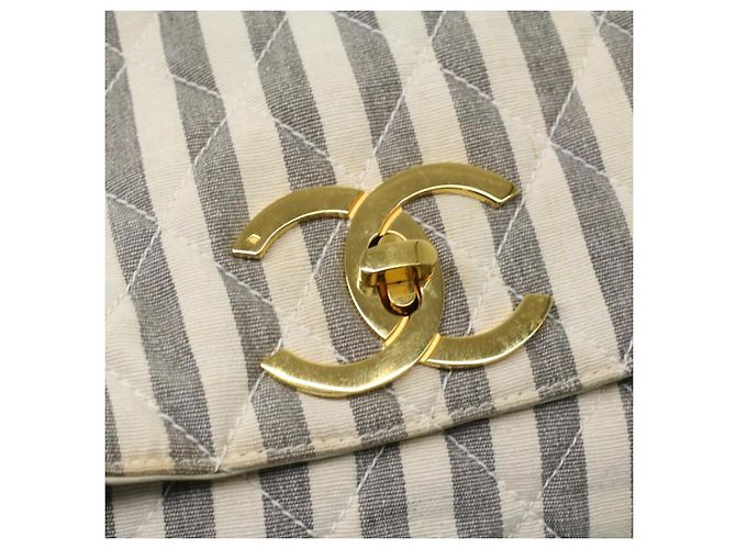 CHANEL Striped Matelasse Chain Umhängetasche Canvas Weiß Grau CC Auth bs3642 Braun - Ansicht 16