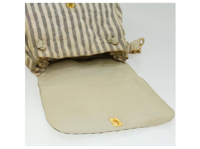 CHANEL Striped Matelasse Chain Umhängetasche Canvas Weiß Grau CC Auth bs3642 Braun - Ansicht 19