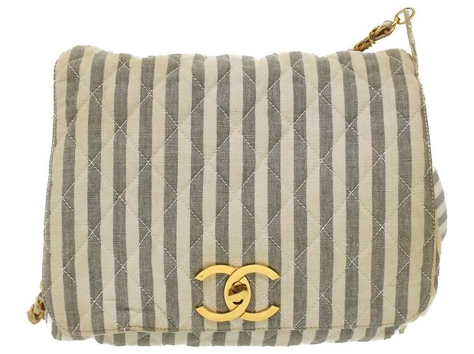 CHANEL Striped Matelasse Chain Umhängetasche Canvas Weiß Grau CC Auth bs3642 Braun - Ansicht 2