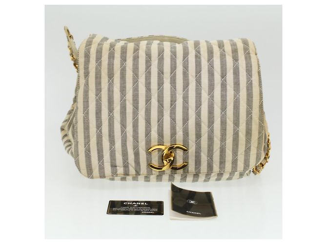 CHANEL Striped Matelasse Chain Umhängetasche Canvas Weiß Grau CC Auth bs3642 Braun - Ansicht 31
