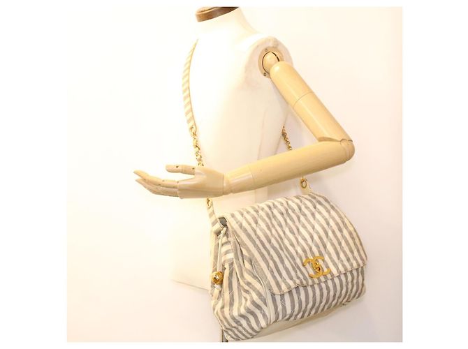 CHANEL Striped Matelasse Chain Umhängetasche Canvas Weiß Grau CC Auth bs3642 Braun - Ansicht 32