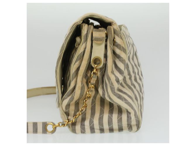 CHANEL Striped Matelasse Chain Umhängetasche Canvas Weiß Grau CC Auth bs3642 Braun - Ansicht 4