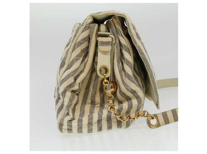 CHANEL Striped Matelasse Chain Umhängetasche Canvas Weiß Grau CC Auth bs3642 Braun - Ansicht 5
