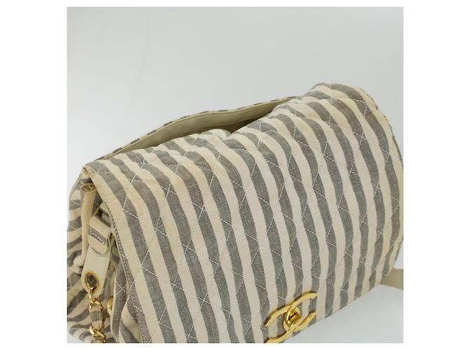 CHANEL Striped Matelasse Chain Umhängetasche Canvas Weiß Grau CC Auth bs3642 Braun - Ansicht 6