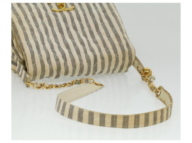 CHANEL Striped Matelasse Chain Umhängetasche Canvas Weiß Grau CC Auth bs3642 Braun - Ansicht 7