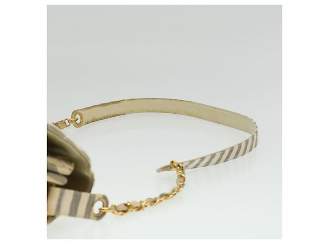 CHANEL Striped Matelasse Chain Umhängetasche Canvas Weiß Grau CC Auth bs3642 Braun - Ansicht 8