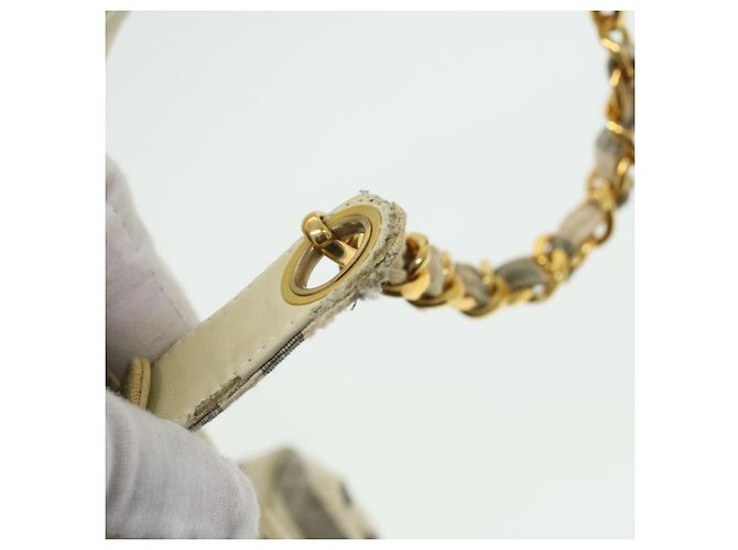 CHANEL Striped Matelasse Chain Umhängetasche Canvas Weiß Grau CC Auth bs3642 Braun - Ansicht 9