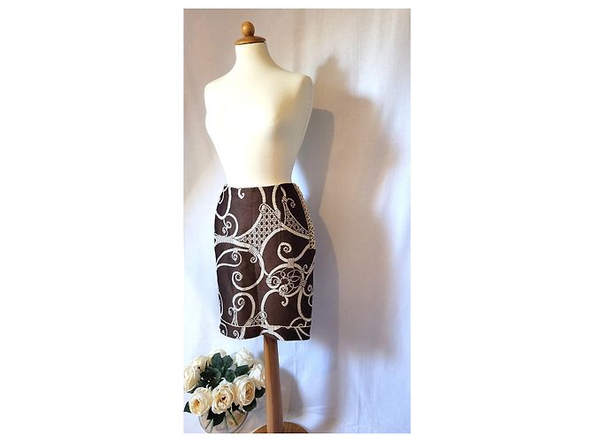 Falda Christian Dior Marrón y Blanco Seda Algodón Talla 42 Castaño - vista 2