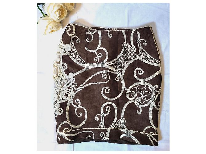 Falda Christian Dior Marrón y Blanco Seda Algodón Talla 42 Castaño - vista 3