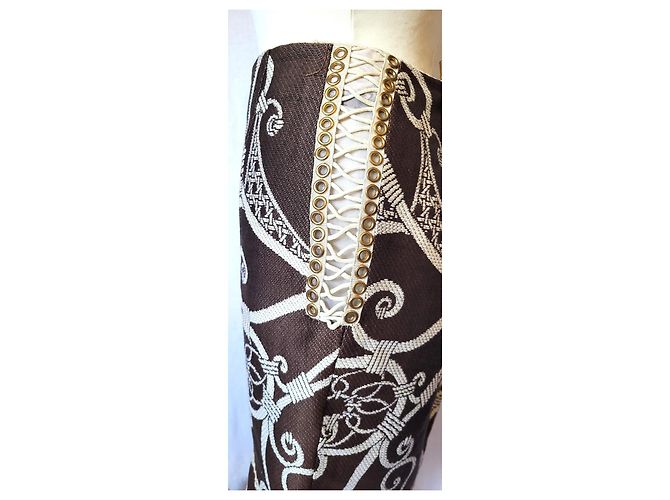 Falda Christian Dior Marrón y Blanco Seda Algodón Talla 42 Castaño - vista 4