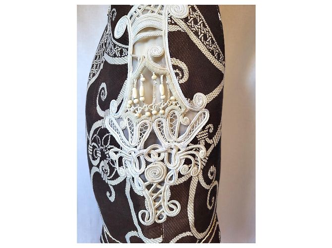 Falda Christian Dior Marrón y Blanco Seda Algodón Talla 42 Castaño - vista 5