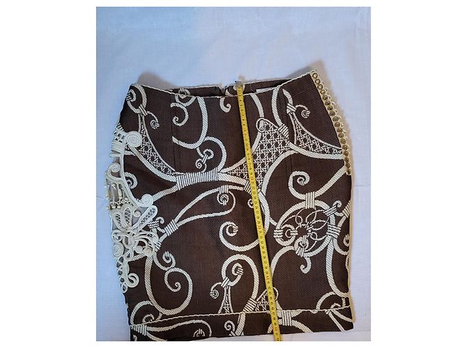 Falda Christian Dior Marrón y Blanco Seda Algodón Talla 42 Castaño - vista 7