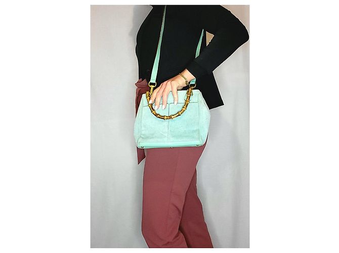 Bamboo Bolsa de mão Gucci em couro com bambu turquesa - vista 10