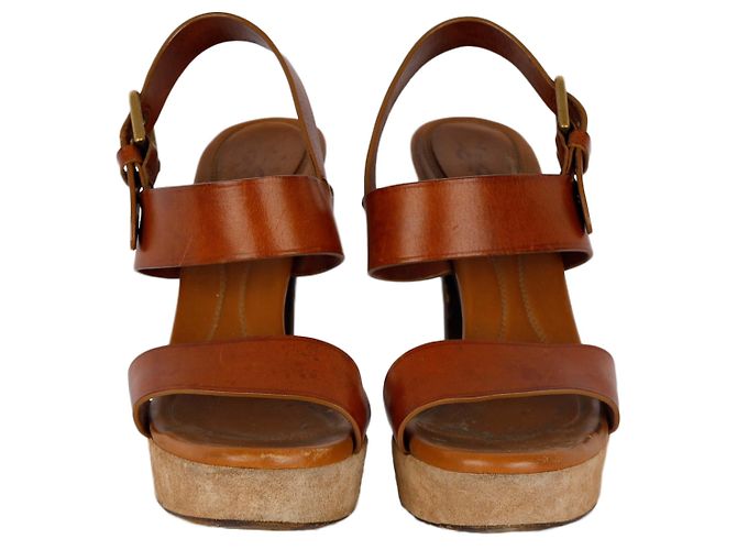 Saint Laurent Brown Leather Strap Platform Heels - view 2