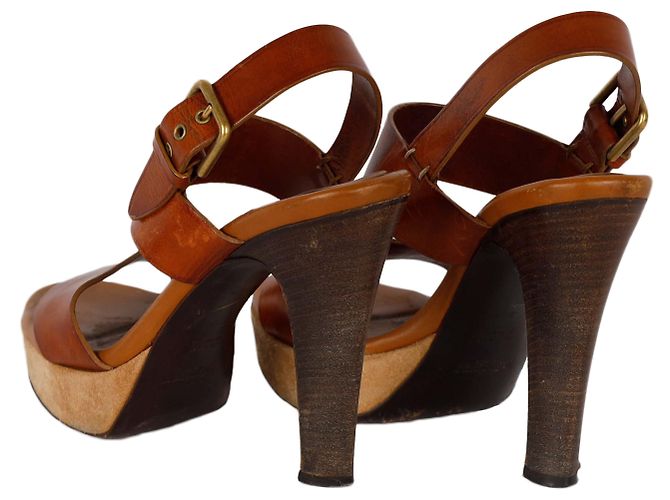 Saint Laurent Brown Leather Strap Platform Heels - view 3