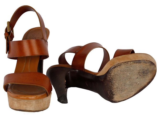 Saint Laurent Brown Leather Strap Platform Heels - view 4