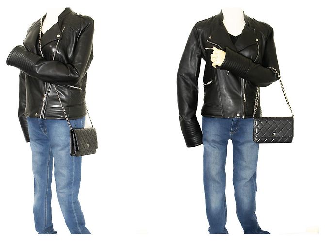Wallet On Chain CHANEL Portafoglio classico nero su catena Borsa a tracolla WOC Pelle di agnello - vista 12