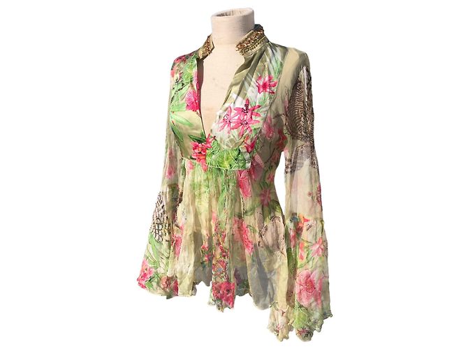 Roberto Cavalli 100% Camicetta di seta Rosa Verde chiaro - vista 2
