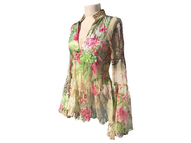 Roberto Cavalli 100% Camicetta di seta Rosa Verde chiaro - vista 3