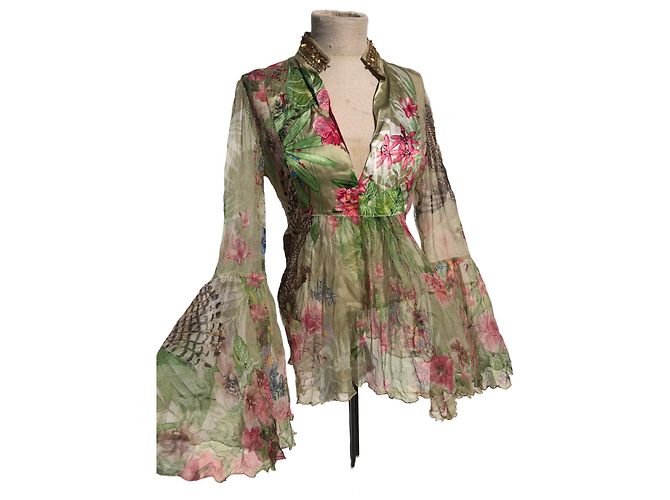 Roberto Cavalli 100% Camicetta di seta Rosa Verde chiaro - vista 6