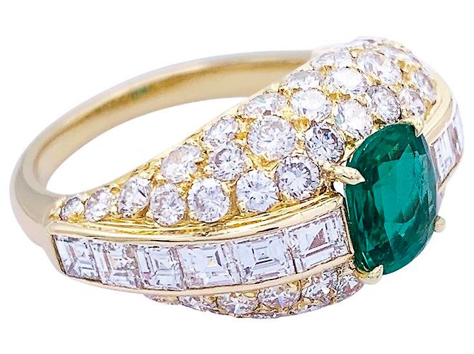 inconnue Anello in oro giallo, smeraldo a cuscino e pavé di diamanti. - vista 3