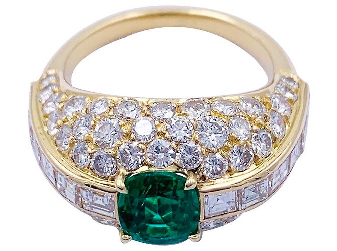 inconnue Anello in oro giallo, smeraldo a cuscino e pavé di diamanti. - vista 4