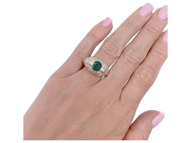 inconnue Anello in oro giallo, smeraldo a cuscino e pavé di diamanti. - vista 6