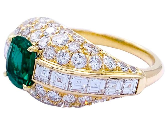inconnue Anello in oro giallo, smeraldo a cuscino e pavé di diamanti. - vista 7
