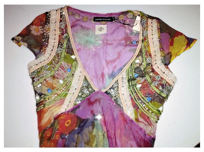 ANTIK BATIK KLEID KLEID PALM BEACH SEIDE STEINE QUASTEN CRENOLINE TS 36 Pink - Ansicht 3