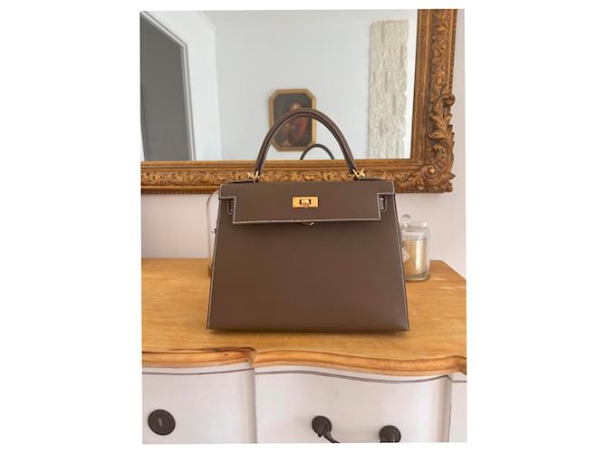 Hermès Kelly 28 Epsom Scellier Beige Grigio Marrone chiaro - vista 12