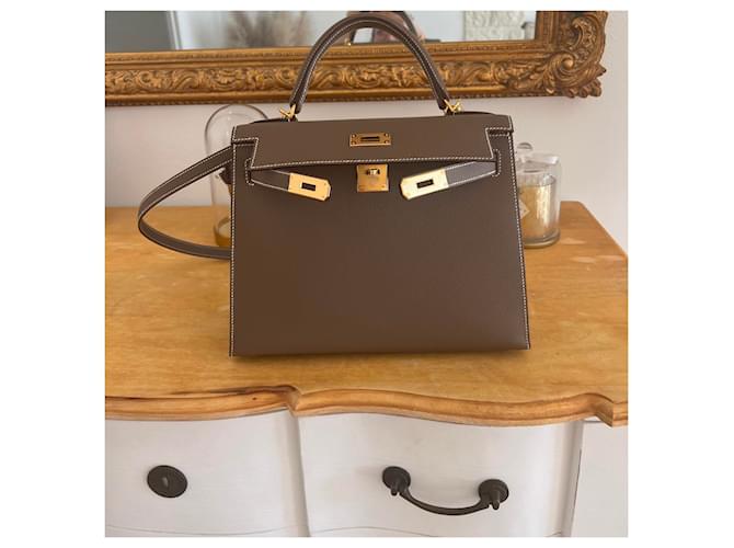 Hermès Kelly 28 Epsom Scellier Beige Grigio Marrone chiaro - vista 5