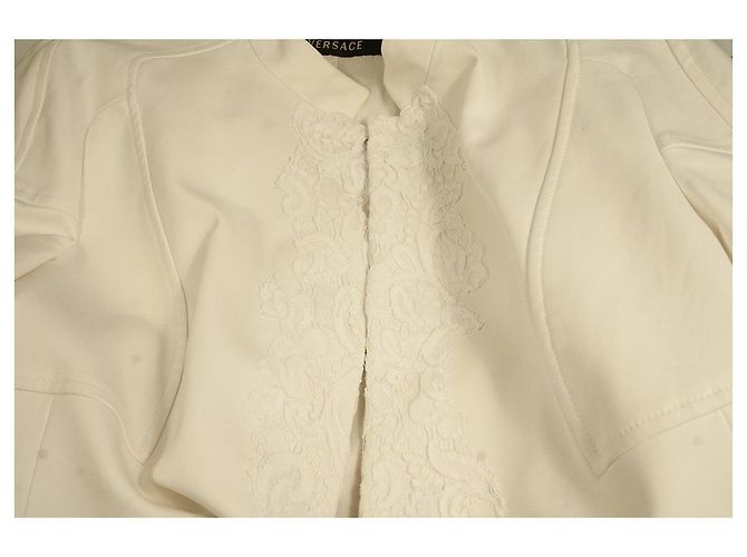 Versace Mezcla de algodón blanco Recorte de encaje Gancho y ojo sin cuello Abrigo frontal sz 48 - vista 6