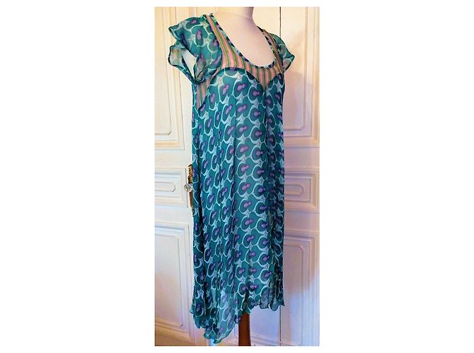 ANTIK BATIK KLEID KLEID FOLK DELICE gefüttert SEIDE PFANNEN ABEND TS ODER T 36/38 Hellblau - Ansicht 4