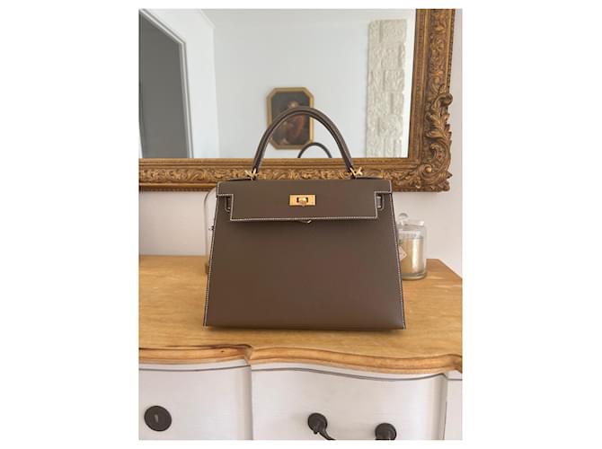 Hermès Kelly 28 scellier epsom étoupe Beige Grigio - vista 2
