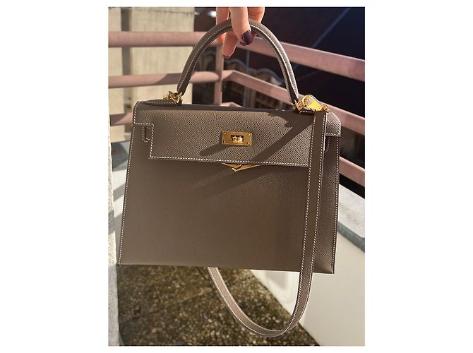 Hermès Kelly 28 scellier epsom étoupe Beige Grigio - vista 8