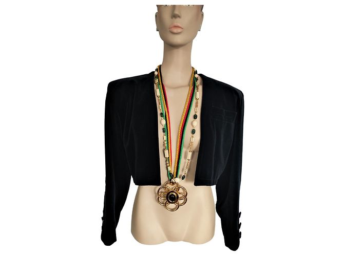 Collana Christian Dior C con Cabochon Nero e Cordini di Seta Multicolore - vista 2