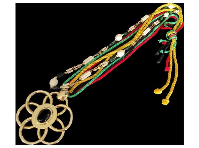 Collana Christian Dior C con Cabochon Nero e Cordini di Seta Multicolore - vista 4