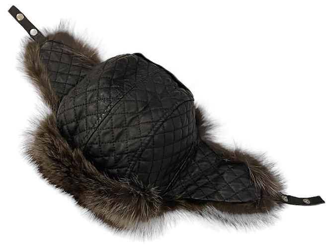Autre Marque Cappello trapper in pelle trapuntata e pelliccia nero grigio - vista 3