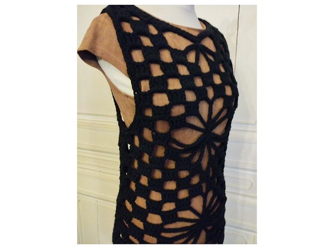 CACHAREL LIGHT PULLOVER XADREZ ROSETTES CROCHÊ T 38/40 Preto - vista 10
