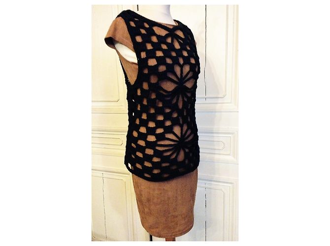 CACHAREL LIGHT PULLOVER XADREZ ROSETTES CROCHÊ T 38/40 Preto - vista 3
