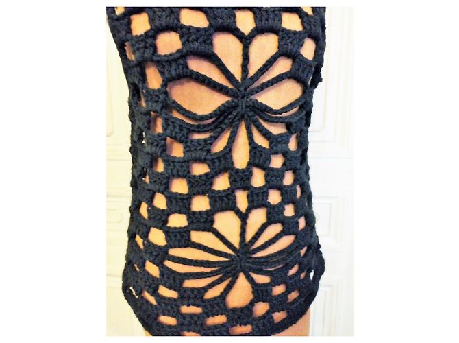 CACHAREL LIGHT PULLOVER XADREZ ROSETTES CROCHÊ T 38/40 Preto - vista 9