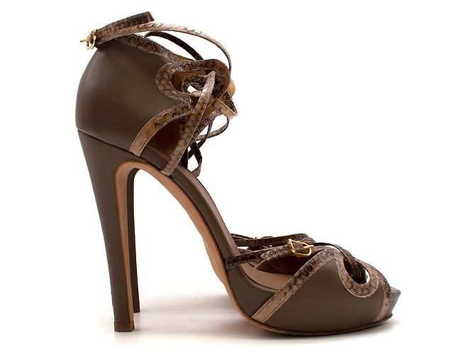 Trim Hermès Sandali in pelle marrone e pelle di serpente Beige - vista 2