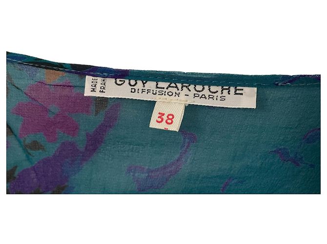 Sublime ensemble Japonisant vintage 70s Guy Laroche soie bleu canard, violet, miel Moutarde Vert foncé - vue 10