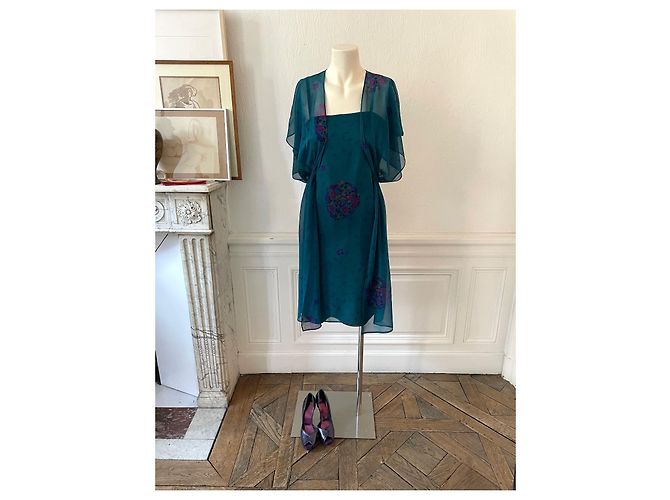 Sublime ensemble Japonisant vintage 70s Guy Laroche soie bleu canard, violet, miel Moutarde Vert foncé - vue 2