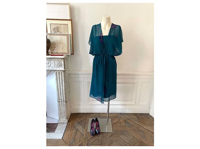 Sublime ensemble Japonisant vintage 70s Guy Laroche soie bleu canard, violet, miel Moutarde Vert foncé - vue 3