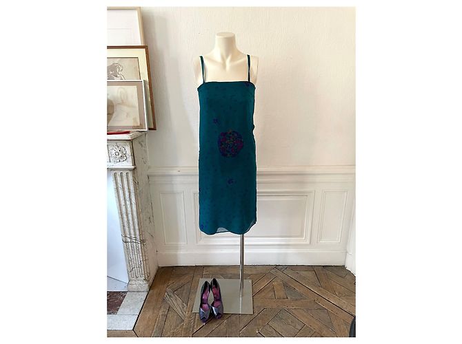 Sublime ensemble Japonisant vintage 70s Guy Laroche soie bleu canard, violet, miel Moutarde Vert foncé - vue 4