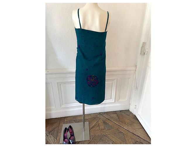 Sublime ensemble Japonisant vintage 70s Guy Laroche soie bleu canard, violet, miel Moutarde Vert foncé - vue 5