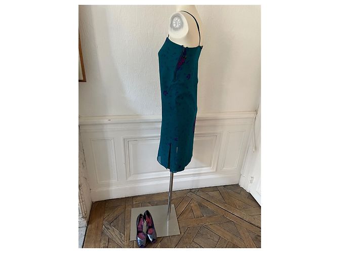 Sublime ensemble Japonisant vintage 70s Guy Laroche soie bleu canard, violet, miel Moutarde Vert foncé - vue 6